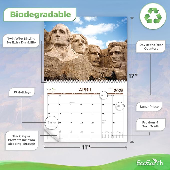 EcoEarth - Biodegradable 11x17 Inch (Open) 12-Month Vertical Hanging Wall Calendar - 2025 Monthly Calendar - National Parks