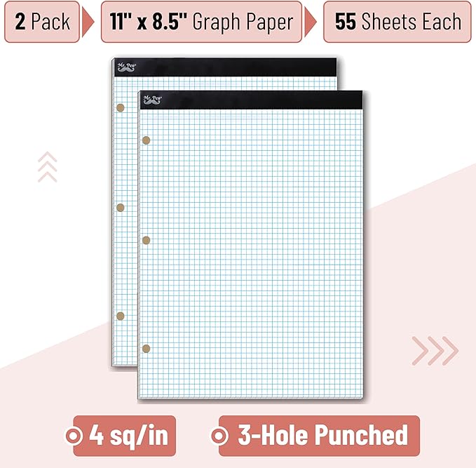 Mr. Pen- Graph Paper, 2 Pack of 55 Sheets, 8.5"x11", 4x4 (4 Squares Per Inch), 3-Hole Punched, Graphing Paper, Grid Paper Pad, Math Graph Paper Pad, Drafting Paper, Computation Pads, Square Paper