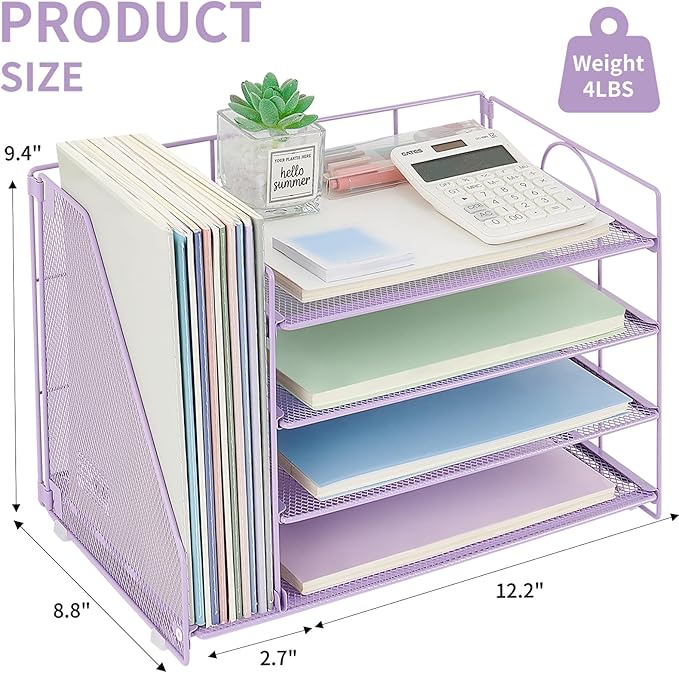 OPNCIE Desk Organizers and Accessories, 4 Tier Paper Letter Tray File Organizer, Office Organization Storage Desk Accessories Workspace Desktop Organizer for Classroom Office Supplies Decor, Purple