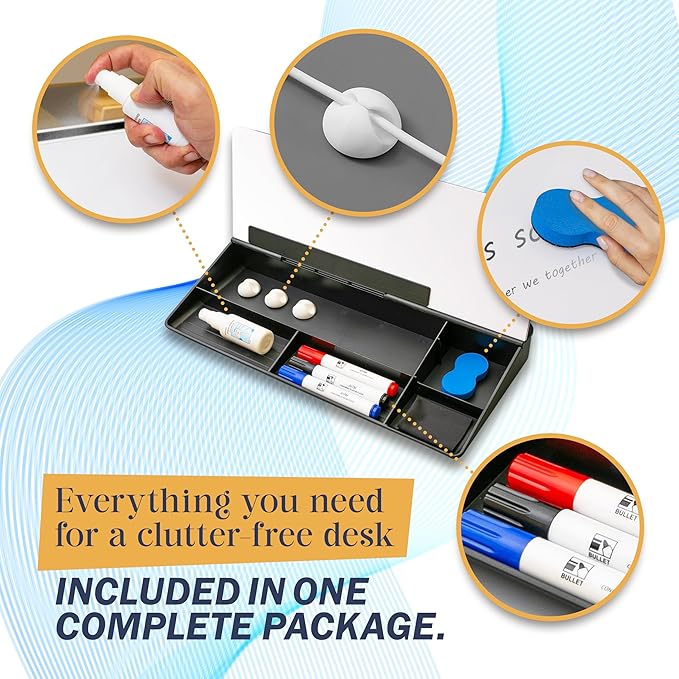 15-Inch Desktop Whiteboard - Glass Dry Erase Board for Desk Whiteboard with Stand with 3 Markers, Spray Bottle, 3 Cable Holders & Storage Box Work from Home Office Gadgets, Black & White