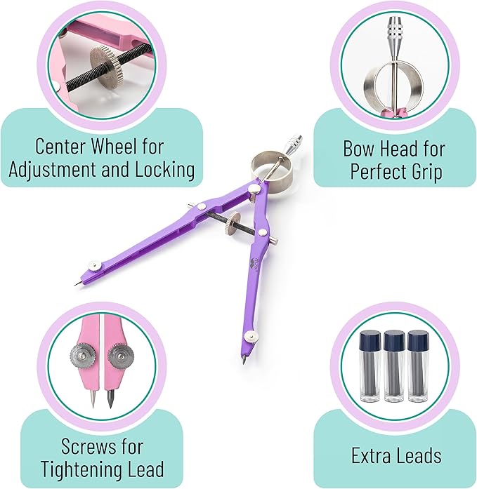 Mr. Pen- Professional Compass for Geometry, Purple with Extra Leads, Metal Compass with Lock, Drawing Compass, Geometry Compass, Math Compass, Compass Drawing, Drafting Compass, Drafting Tools