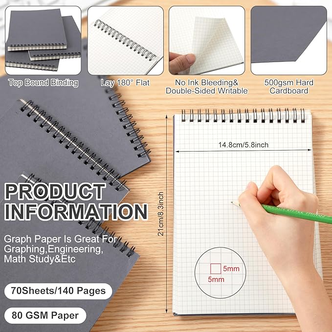 Graph Paper Spiral Notepad A5 Top Wirebound Notepad Grid Notebook Steno Pads Memo Notebook Grid Paper 140 Pages for Writing Sketching Drawing Office Supplies(Dark Grey,6 Pack)