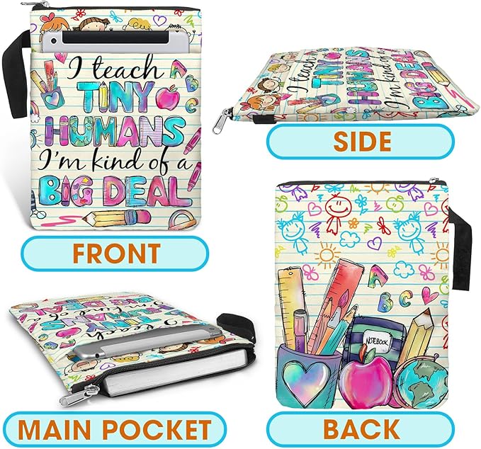 84hoods Book Sleeve Bag Gift for Teachers and Book Lovers. Book Cover Bag with Zipper and Front Pocket for Paperbacks. Washable Fabric 11 X 8.5 Inch Padded Book Bag Protector Pouch. Tiny Humans.