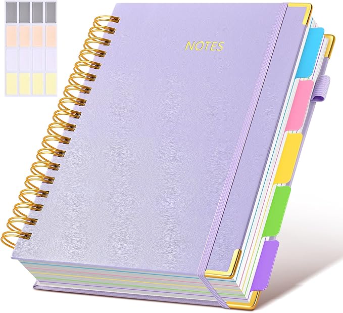Hardcover Spiral Notebook journal with Removable Dividers Tabs, 300 Pages Leather 5 Subject Notebook College Ruled, 8"x10" Large B5 Notebooks for Work School Note taking,Lined Journal for Women,Purple