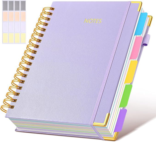 Hardcover Spiral Notebook journal with Removable Dividers Tabs, 300 Pages Leather 5 Subject Notebook College Ruled, 8"x10" Large B5 Notebooks for Work School Note taking,Lined Journal for Women,Purple
