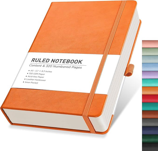RETTACY Journaling Notebooks, A5 Lined Notebook Journal with 320 Numbered Pages, 5.7'' × 8.3'', Medium Size, Journal Notebook for Writing, Work, Leather Hardcover, 100 GSM Thick Paper (Orange)