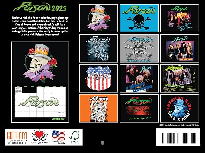 Poison Calendar 2025 Wall Calander Monthly Music Band Merch 12 Month | American Made In The USA