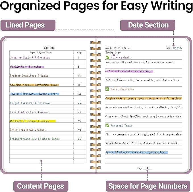 Lined Spiral Journal Notebook, A5 College Ruled Notebook for Journaling, Note-Taking, and Daily Planning, Durable Hardcover with an Elegant Design, Purple