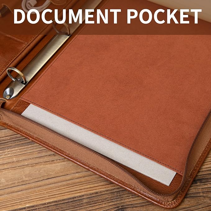 YIWEN Handmade Crazy-Horse Leather 3 Ring Binder Portfolio Padfolio Folder with Zipper for Men and Women, Business Organizer for Letter A4 Size for Meeting and Travel (Custom Engraved, Oil Wax-Brown)