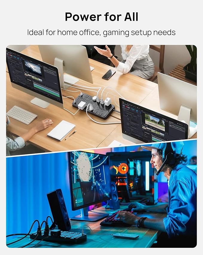 TROND Surge Protector Power Strip, 360° Rotating Flat Plug, 24 AC Outlets, 6 USB Ports Total 37W, 4000 Joules, ETL Listed, 10ft Heavy Duty Extension Cord 1875W for Gaming Dorm Room Essentials Black