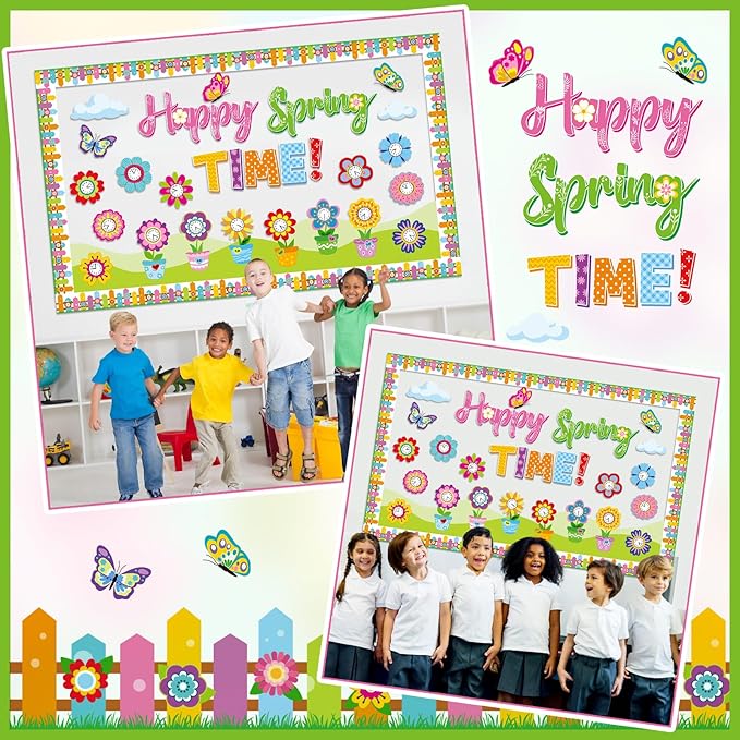 Kosiz Spring Clock Bulletin Board Decorations Set Flower Pot Butterfly Time Learning Paper Cutouts Happy Spring Time Classroom Decorations with Fence Borders for School Wall Chalkboard Door Home