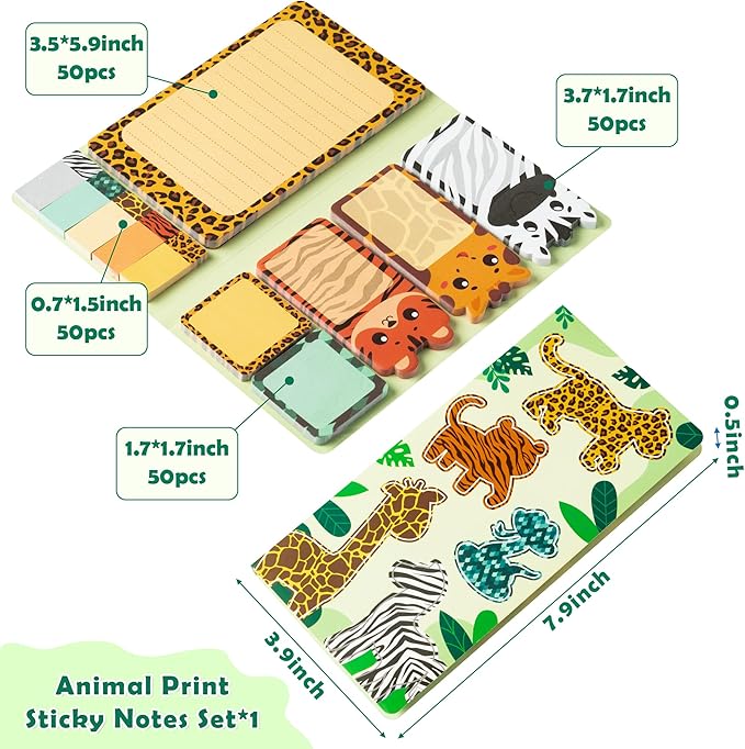 Safari Animal Sticky Notes Set, 550 Sheets, Wild Animal Self-Stick Note Pads Jungle Zoo Animal Writing Memo Pads Page Marker Student Classroom Back to School Office Supplies Small Gift