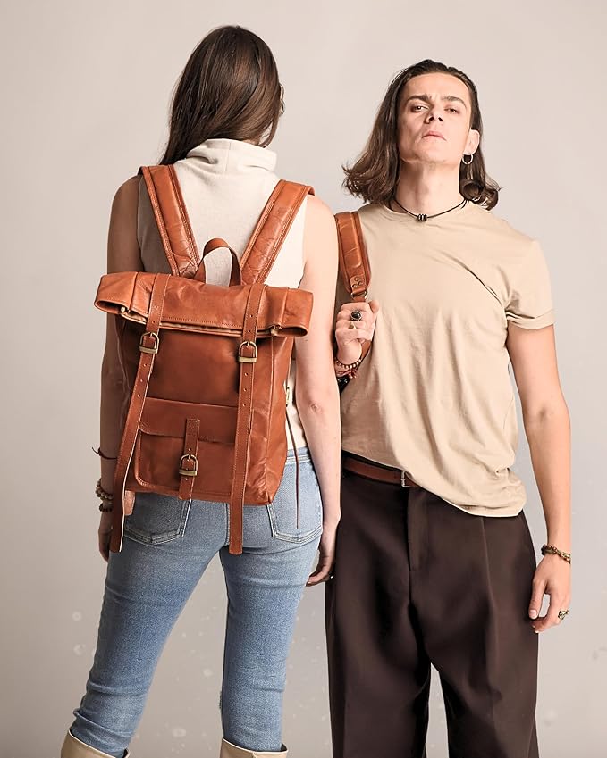 Genuine Leather Backpack for Men & Women, Rolltop Laptop Bookbag, Vintage Back Pack Rucksack for work & travel, Brown (Tan)