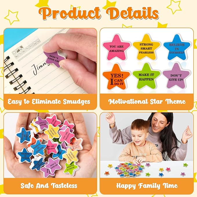 Star Mini Erasers Bulk - Colorful Motivational Star 3D Desk Pet Inspirational Mini Pencil Rubber Eraser Bulk Cute Star-Shaped Novelty Miniture Gift School Reward Party Favor Pack Game Prizes
