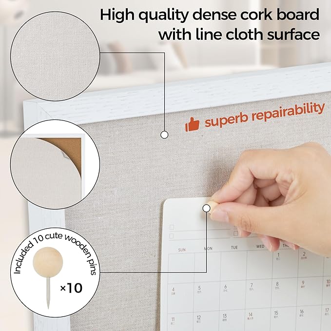 Fun Memories Cork Board Bulletin Board for Office, 20" x 30" Oak Wooden Framed Corkboard, Wall Mounted Notice Pin Board for School Home & Office, White