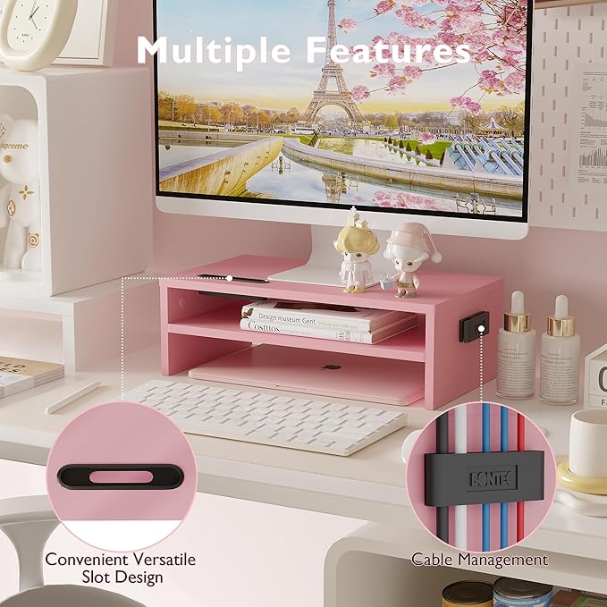 BONTEC Monitor Stand Riser, 2 Tiers Wood Monitor Riser Stand with Storage Organizer, Desktop Ergonomic Monitor Stand Riser with Cellphone Holder and Cable Management, 16.7 Inch Shelf, Pink