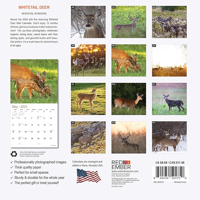 RED EMBER Whitetail Deer Mini 2025 Wall Calendar 12 Month | 7" x 14" Open | Thick & Sturdy Paper | Giftable | Calendar 2025