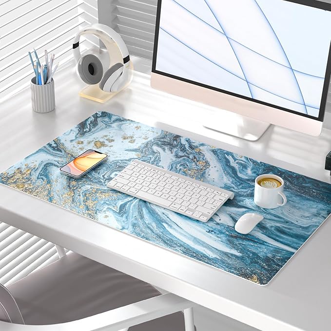 QIYI Large Desk Pad, Keyboard Mouse Pad Desktop Decor, Waterproof PU Leather Desk Cover Protector, Desk Accessories for Office Home Work Writing Gaming 31.5" x 15.7" - Blue Marble