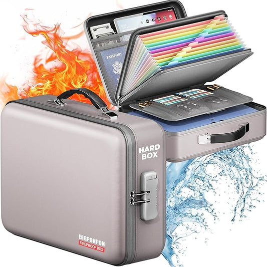 Fireproof Document Box with Water-Resistant Zipper, Hard Case Fireproof Box with Lock, Portable Hard-Shell Fire Safe Box, Large Capacity File Organizer for Important Documents, Laptop (Gray, M)