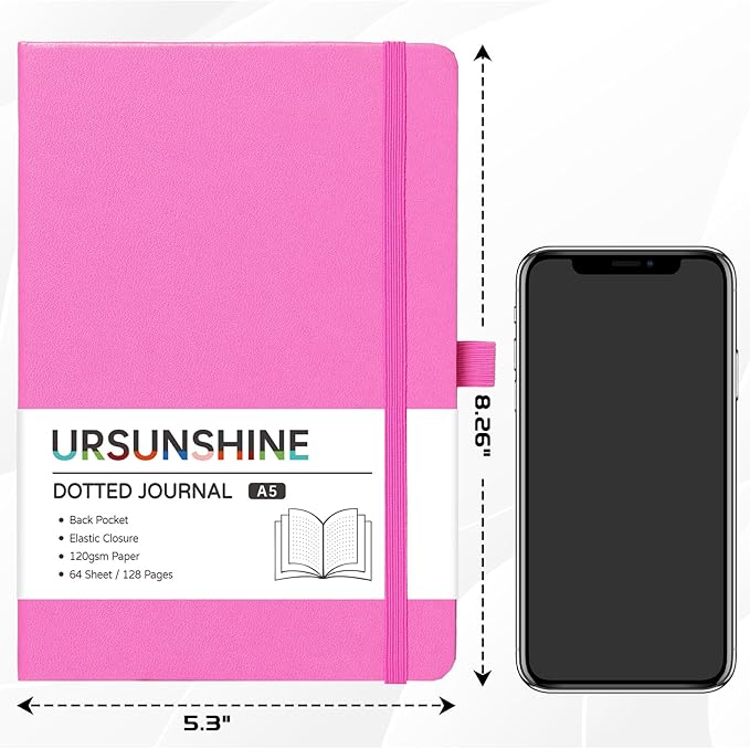 Dotted Journal/Notebook - Dot Grid Hard Cover Notebook, Premium Thick Paper with Fine Inner Pocket, Black Smooth Faux Leather, Pen Loop, 5.3'' x 8.26'' - Raspberry