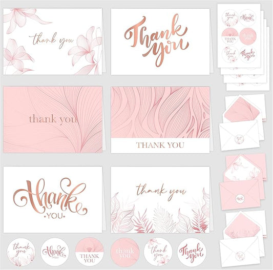 Decorably 24 Pack Gold-Foiled 6x4in Rose Gold Thank You Cards with Envelopes and Stickers, 6 Elegant Designs Pink Thank You Cards, Blank Inside - Bridal Shower, Baby Shower