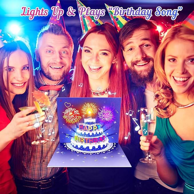 Birthday Cards Fireworks Pop Up Cake Light and Music Happy Birthday Card Gift for Women, Men, Mom, Grandma