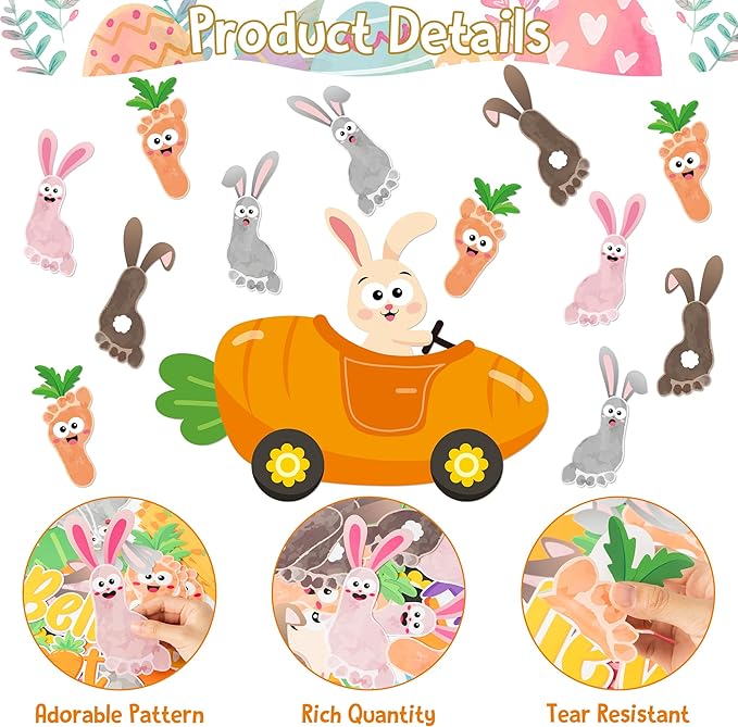 B1ykin 88Pcs Easter Footprint Carrot Bunny Bulletin Board Decoration, We Carrot Believe It’s Easter Cutout with Border Trim, Carrot Car Rabbit Footprints Supply for Kindergarten Preschool Chalkboard