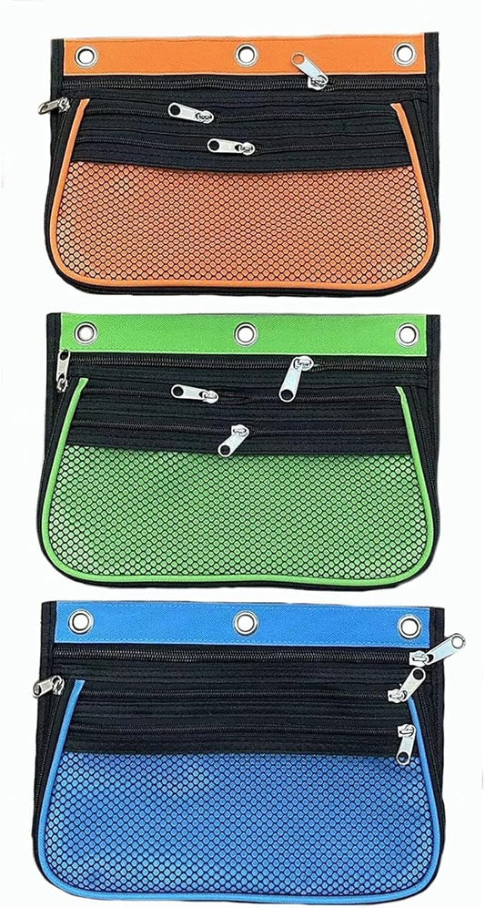 Charles Leonard Expandable 3-Pocket Binder Pencil Pouch, Expands to 2.25", 10.25" W x 7.25" H x 2.5" D, Assorted Colors, 24 Per Pack (76365-ST)