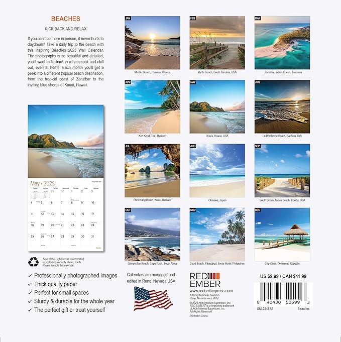 RED EMBER Untamed & Beautiful Beaches Mini 2025 Wall Calendar 12 Month | 7" x 14" Open | Thick & Sturdy Paper | Giftable | Calendar 2025