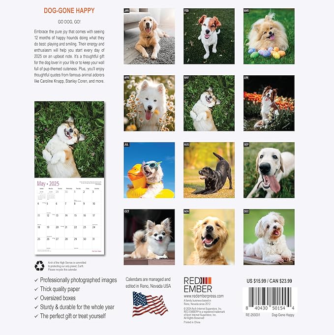 RED EMBER Dog-Gone Happy 2025 Wall Calendar 12 Month | 12" x 24" Open | Thick & Sturdy Paper | Giftable | Calendar 2025