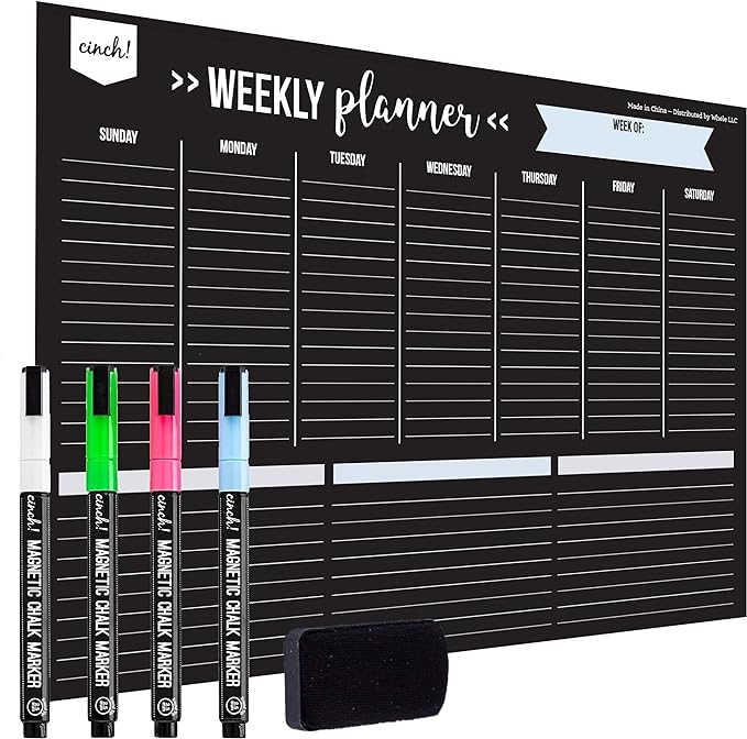 Cinch! 17x12-Inch Magnetic Dry Erase Weekly Planner for Fridge - Black Weekly Calendar Board with 4 Fine Tip Markers and Large Eraser - Magnetic Fridge Organizer, Meal Planning, and Dry Erase Board