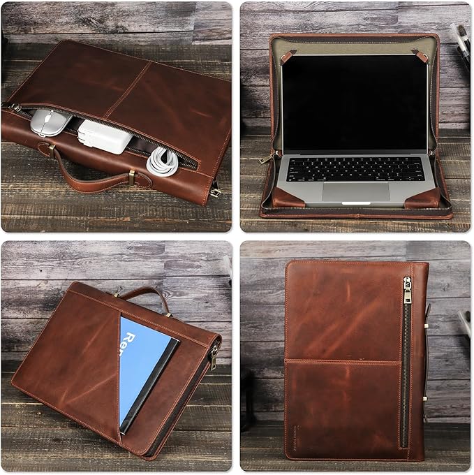 Top Grain Leather 16.2" Slim Laptop Zipper Folio Case Bag, Handmade & 2 Pockets, Compatible with MacBook Pro 16.2" A2485 M1 Max 15" Touch Bar A2141 A1707 Pro 16" Touch ID, Brown 16.2 Inch