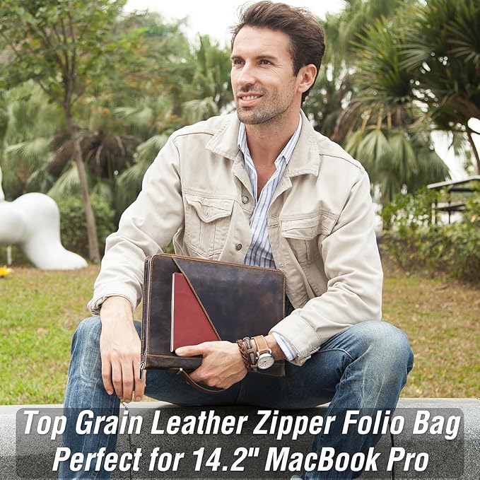 Top Grain Leather 14.2" Slim Laptop Zipper Folio Case, 2 Pockets Design, Compatible with MacBook Air 13" M2 A2681 M1 A2337 A2179 A1932/Pro 13" M2 M1 A2338 A2251 A2289 A2159, Coffee 14.2 Inch
