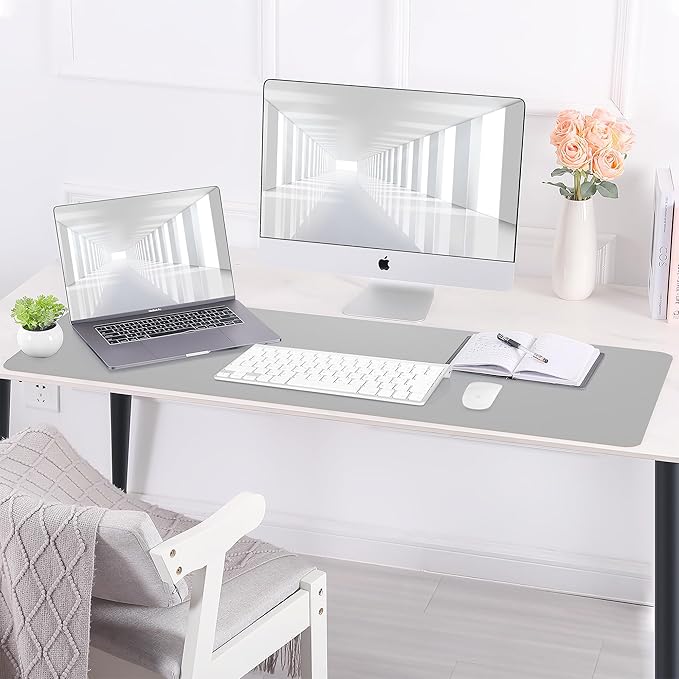 Desk Mat,35.4" x 17" Leather Desk mat,Double-Sided Desk Pad,Desk matt for Desktop,Large Mouse Pad,Office Desk mat,Waterproof Desk Blotter pad for Office&Home(Light Grey+Cork)