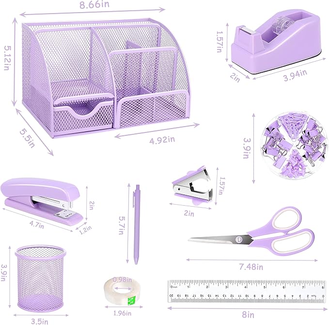 Purple Office Desk Accessories Supplies, 12pcs Desk Organizers and Accessories with Tape dispenser and Stapler,Staples,Staple Remover,Pen Holder,Scissor,Ruler,Sticky Tabs,Tape,Ballpoint Pen,Clips Set
