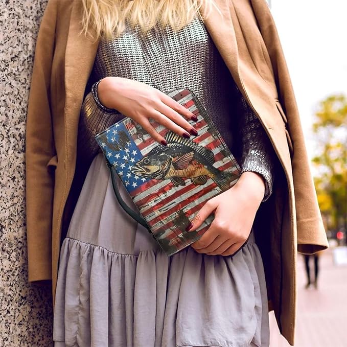 Lotusorchid Bass Fish Print Bible Cover Case, Zippered Bible Carrying Case for Women Girls, American Flag Bible Tote Bag Sturdy Bible Book Cover for Bible Study, Christian Bible Accessories, 2XL