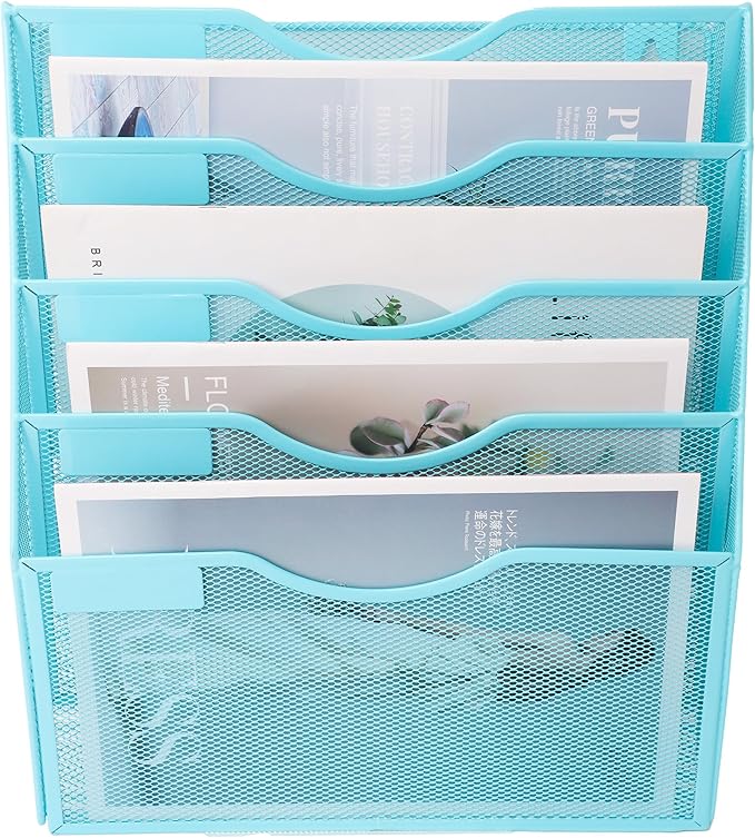 EASEPRES 5 Pocket Mesh Hanging Wall File Organizer, Wall Mounted Mail Paper Document Folder Holder, Clipboard Storage Organization Magazine Rack with Nametag Label for Office Home School, Blue