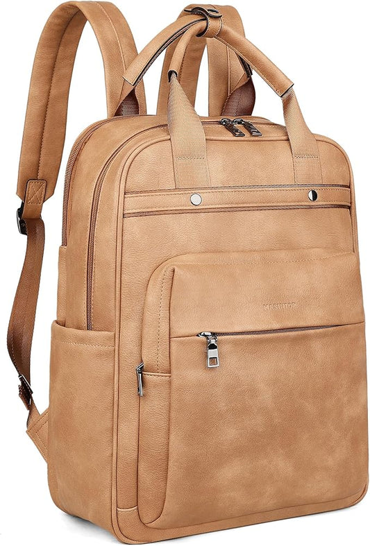 MASINTOR Leather Laptop Backpack for Women, Stylish Computer Backpack College Business Work Shoulder Bags Work and Travel Retro Camel