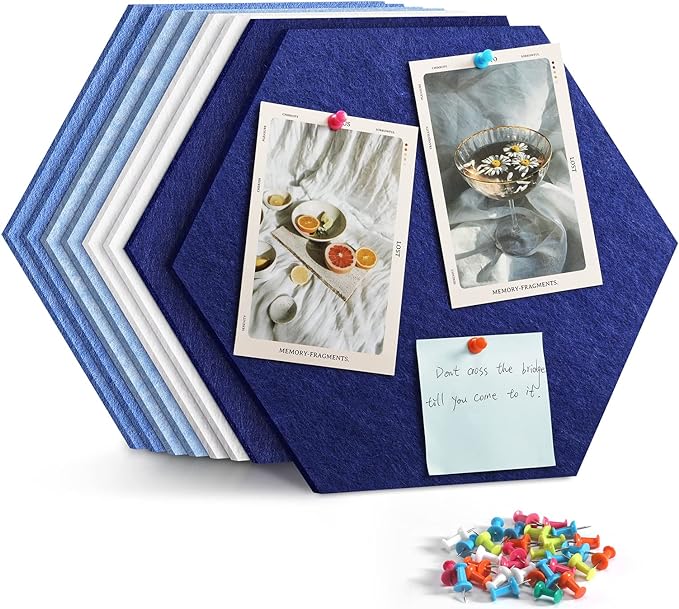 12" Large Bulletin Board with 30 Push Pins, Pack of 8 Hexagon Felt Pin Board Notice Boards for Home Office Kitchen, Felt Wall Tiles for Photos Memos