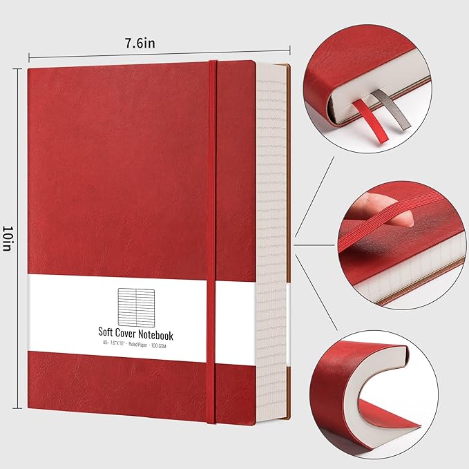 AHGXG Lined Journal Notebook - 320 Numbered Pages Large B5 Thick College Ruled Journal, 100gsm Thick Lined Paper, Faux Leather Softcover, for Work School, 7.6'' X 10''-Red