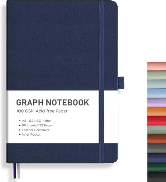 RETTACY Graph Paper Notebook, A5 Grid Notebook Journal with 192 Pages, 5.7'' × 8.3'', Medium Size, Leather Hardcover, 100 GSM Thick Paper, for Students, Homework, Math, Engineering (Navy Blue)