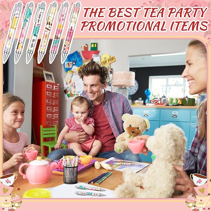 24 Pcs Tea Party Gift Pens Bulk Floral Tea Party Favors Pink Themed Party Decorations Tea Ballpoint Pen for Tea Party Birthday Party Supplies