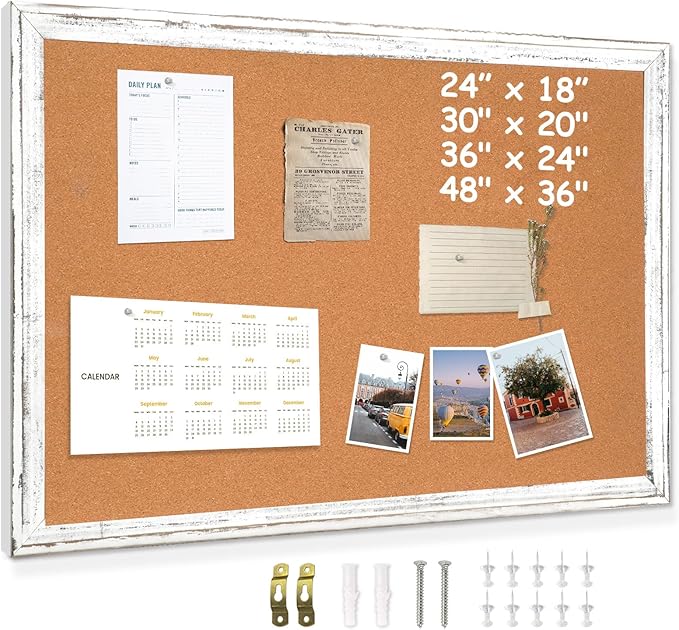 DOLLAR BOSS White Cork Board - 30 X 20 Inches, Rustic Wooden Frame, Decorative Hanging Pin Board for Office & Home Decor