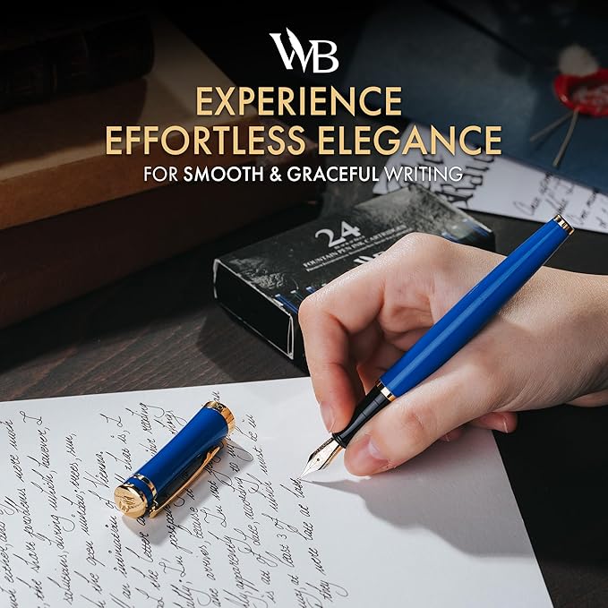 Wordsworth & Black Fountain Pen Set, 18K Gilded Medium Nib, Includes 24 Pack Ink Cartridges, Ink Refill Converter & Gift Box, Gold Finish, Calligraphy, [Imperial Blue], Perfect for Men & Women