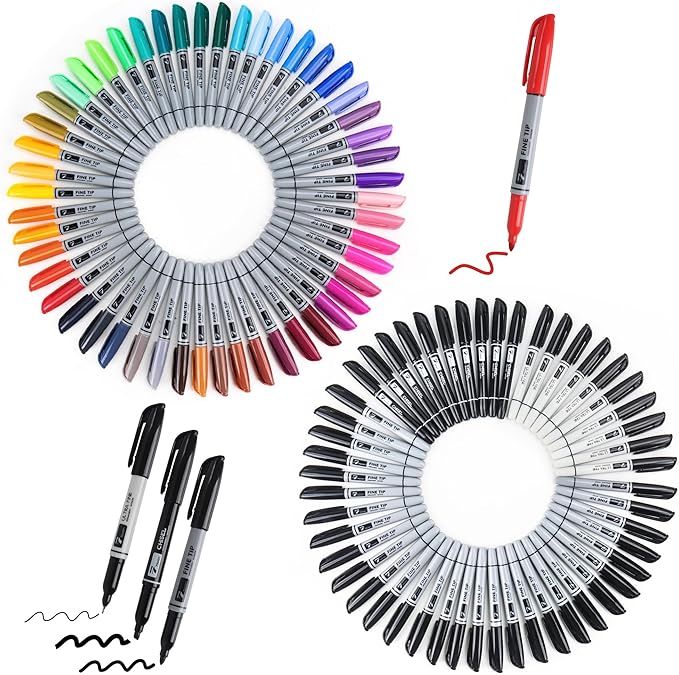 TOWON 100 Pack Permanent Markers Bulk - 50 Assorted Colors + 50 Black Waterproof Quick Drying Colored Pens Set for Classroom Home Office School Supplies, Adults Coloring Marking