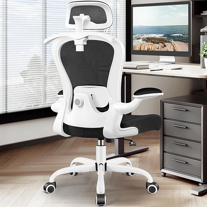Office Chair, Ergonomic Office Chair with 3D Lumbar Support 3D Headrest, Comfy High Back Home Desk Chairs, Breathable Mesh Computer Chairs with Flip-Up Armrests & Hanger(White)