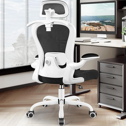 Office Chair, Ergonomic Office Chair with 3D Lumbar Support 3D Headrest, Comfy High Back Home Desk Chairs, Breathable Mesh Computer Chairs with Flip-Up Armrests & Hanger(White)