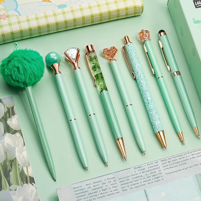 WEMATE 8Pcs Ballpoint Pens Set Metal Crystal Diamond Pen Glitter Pen for Journaling Green Pen Bling in Black & Blue Ink Pretty Cute Pens Fancy Pens Gifts for Women Wedding School Office Desk(Green)