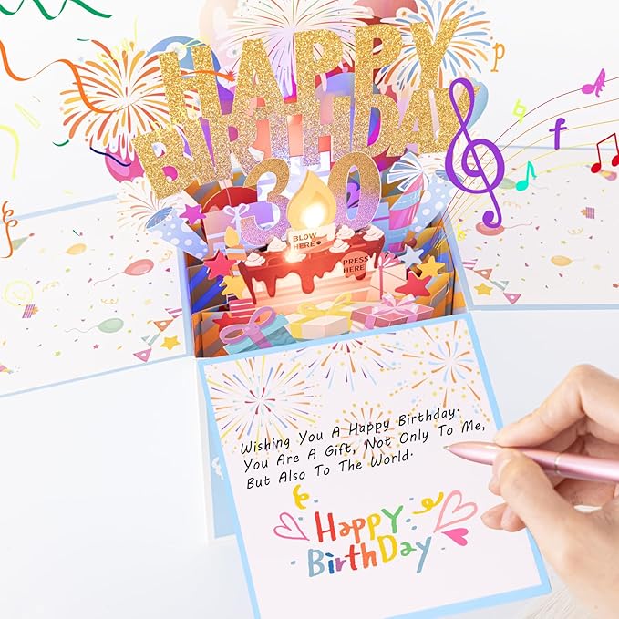 Tnvee 30TH Birthday Cards with Lights & Music & Candle, 3D Large Pop Up Happy Birthday Cards for Women Man Greeting Cards Decorations for 30 Years Old Mom Dad Wife Husband Friend