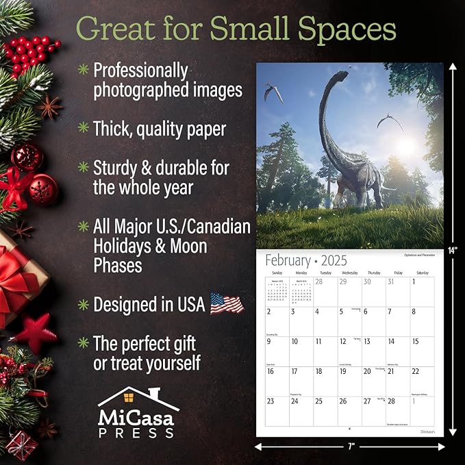 MICASA Dinosaurs Mini 2025 Wall Calendar 12 Month | 7" x 14" Open | Thick & Sturdy Paper | Giftable | Calendar 2025